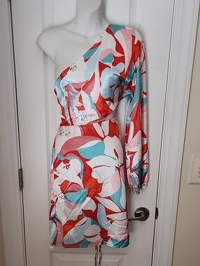 One-Shoulder Floral Satin Mini Dress in Coral and Teal